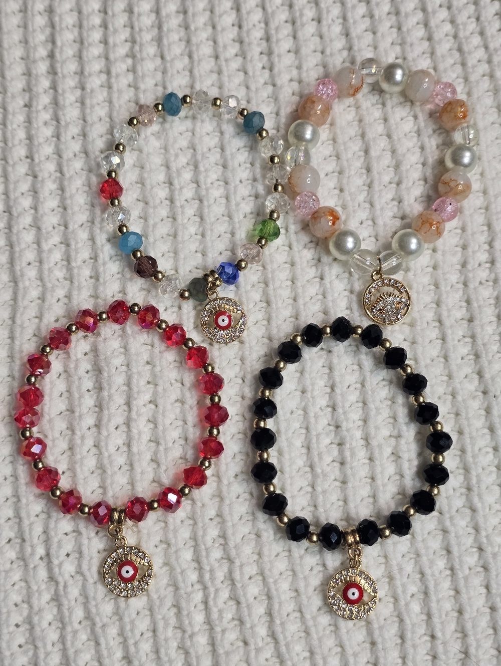Lucky Aura Evil Eye Beaded Charm Bracelet in Rainbow, Blush, Red, Black